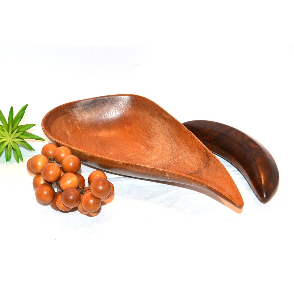 Vintage Monkey Pod Boomerang Dish Grapes and Banana Tiki